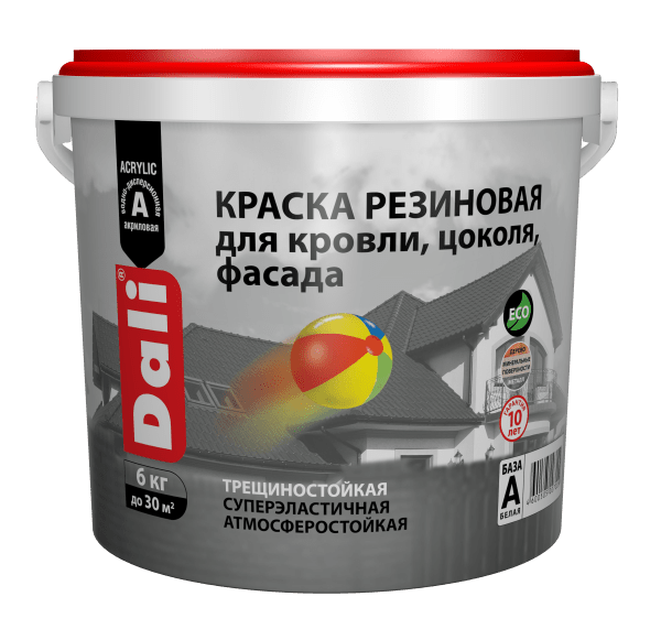 Краска резиновая для кровли, цоколя, фасада "DALI", белый база(А), 6 кг